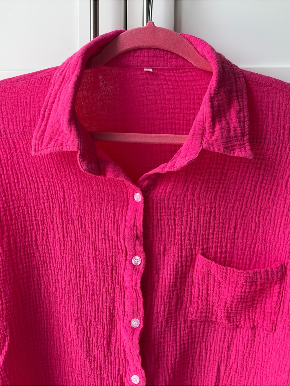Hot Pink Cotton Gauze Button-Down Shirt | XL | Resort Beach Cover-Up - Picture 3 of 6